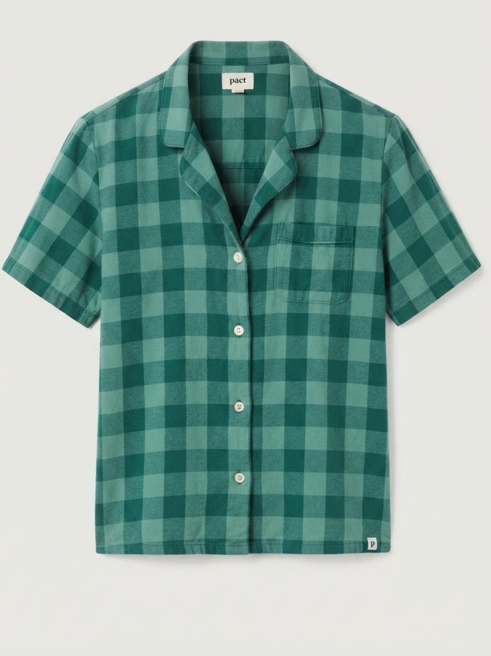 Pact Leighton Flannel Pajama Shirt Green Plaid Organic Cotton Sleep Top Size L